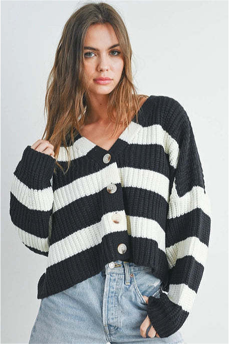 Loose Stripe V Neck Long Sleeve Knit Cardigan