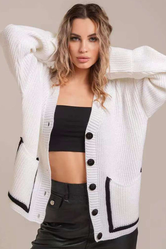Colorblock Pocket V-Neck Knit Cardigan