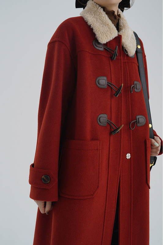Vintage Horn Button Shearling Collar Red Outerwear