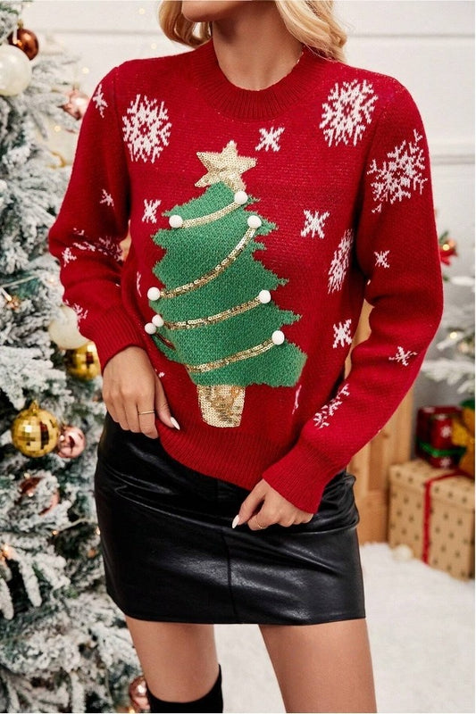 Tree Snowflake 3D Pom Sequin Sweater
