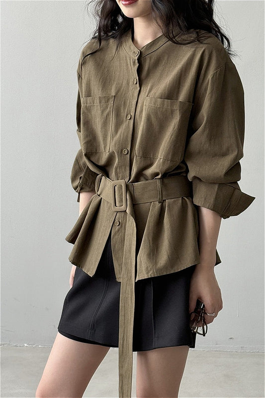 Vintage Waist Cinched Belted Long Sleeve Blouse