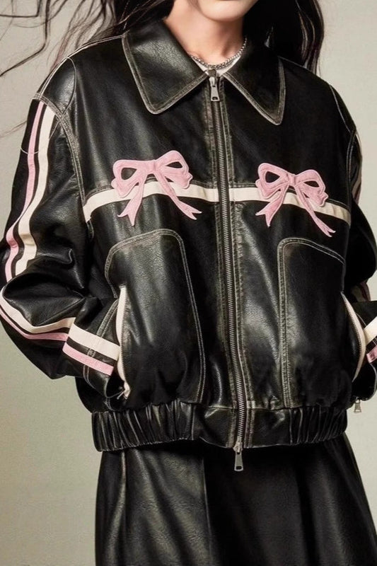 Bow Decor Faux Leather Moto Jacket Pink / S