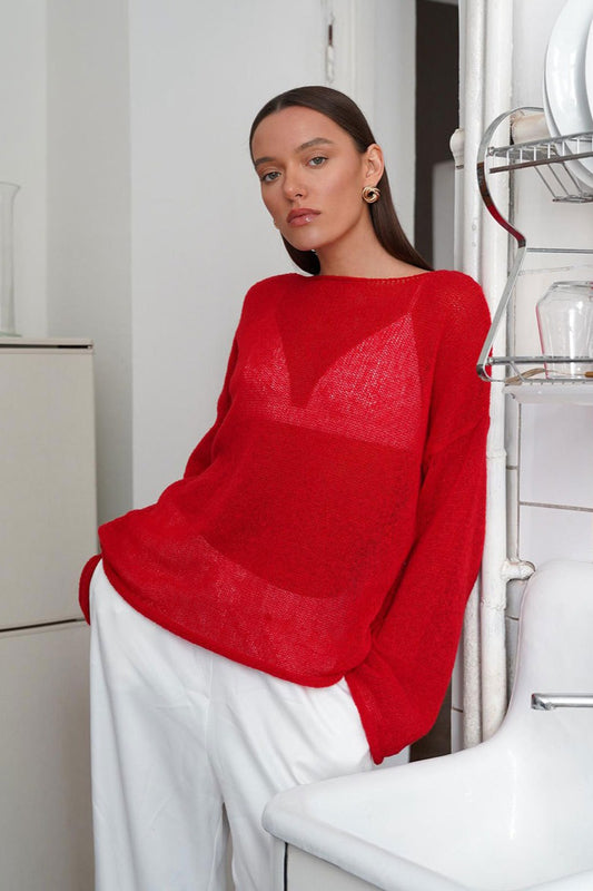 Solid Sheer Cutout Knit Casual Blouse