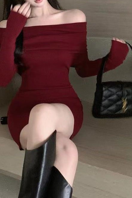 Bardot Long Sleeve Knit Waist Fitted Bodycon Sweater Dress