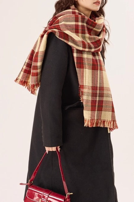 Angora Red Festive Plaid Knitted Scarf