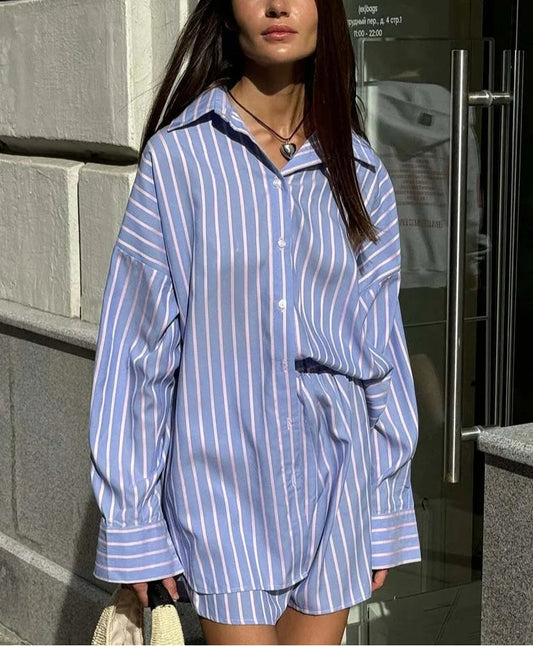 Blue Print Single Breasted Shorts Office Two Piece Set