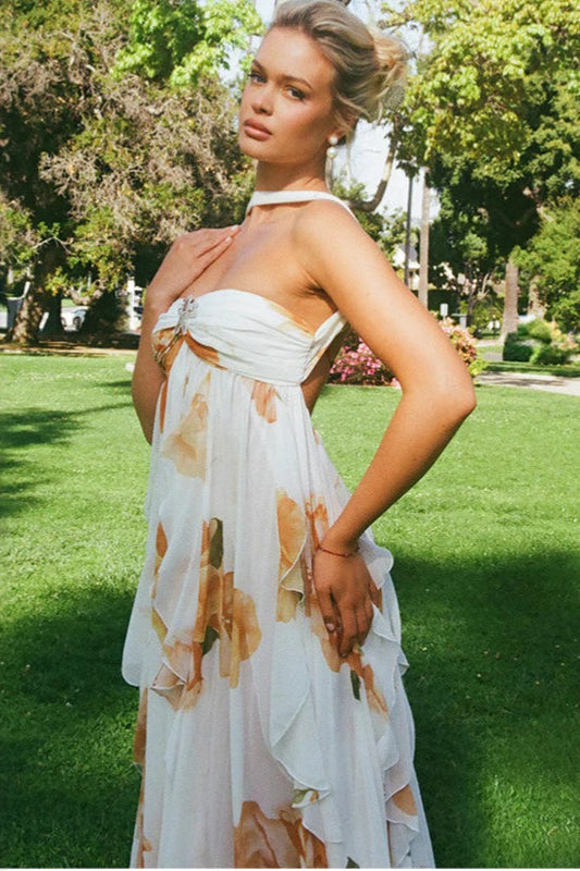 Floral Backless Halter Maxi Dress S / Orange