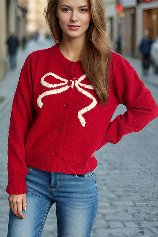 Solid Bow Jacquard Round Cardigan