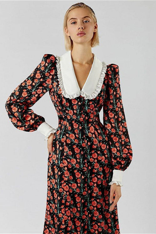 Collar Waist Cinched Stylish Floral Dress