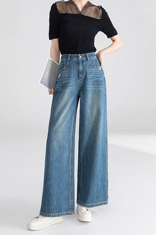 High Waist Wide Leg Cotton Jeans Blue / S