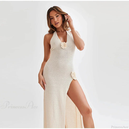 3D Flower V-neck Backless Lace-Up Maxi Floral Dress White 02 / S floraldress-250126