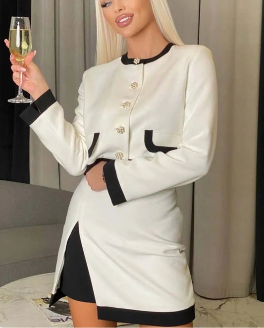 White Patchwork Side Slit Mini Office Two Piece Set