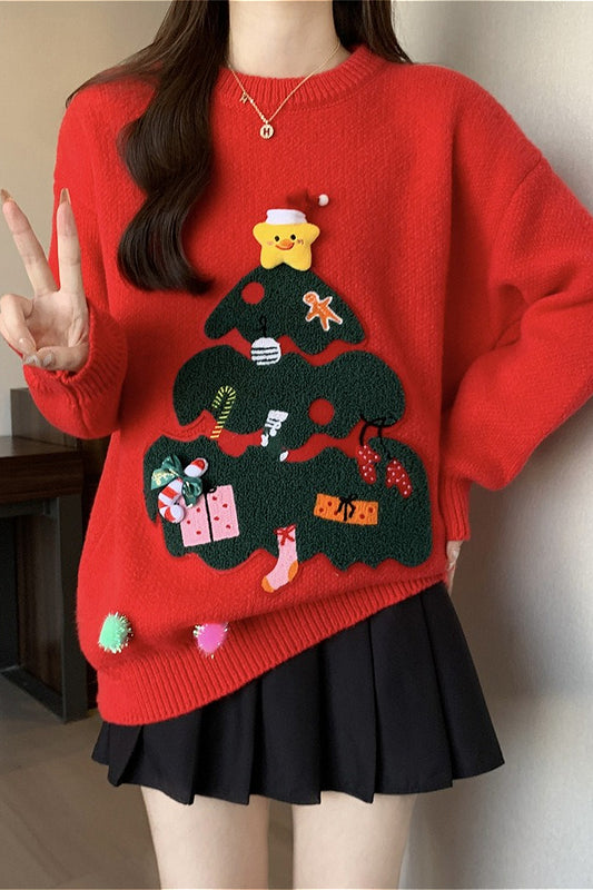 3D Pom Pom Tree Print Sweater