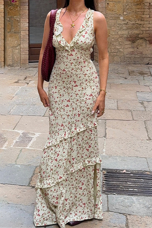 V Neck Halter Floral Ruffled Slim Floral Dress