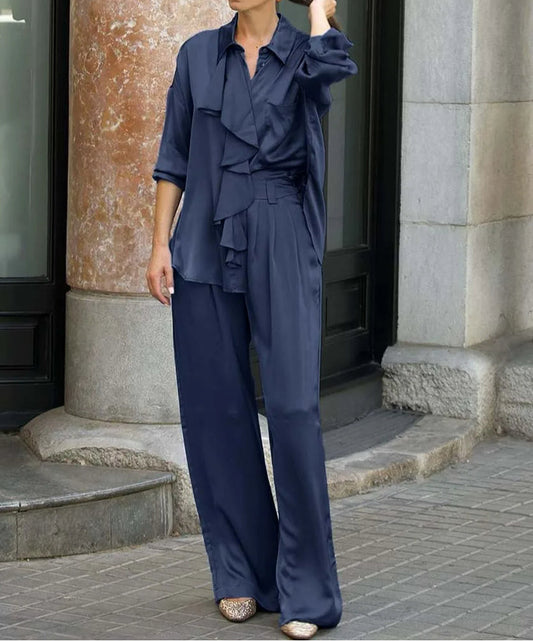 Blue Satin Ruffled Shirt Pants Office Two Piece Set