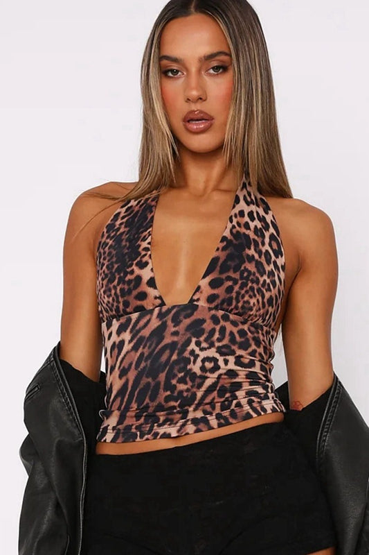 Backless Halter Leopard Crop Top