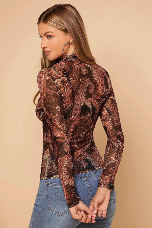 Paisley Print Stand Collar Mesh Long Sleeve Blouse