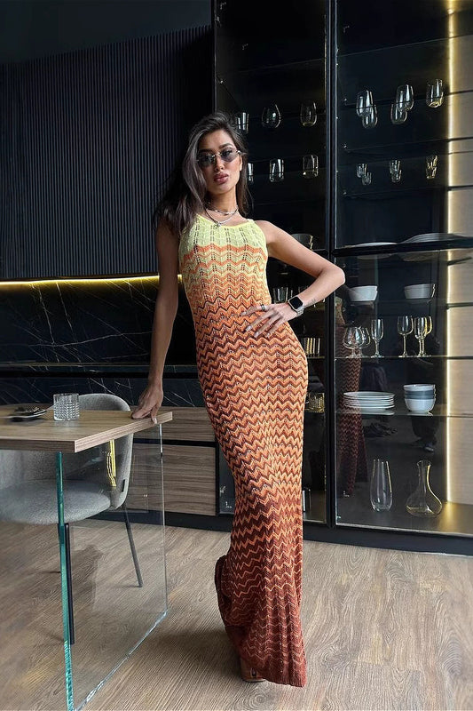 Color Block V Neck Cami Fitted Knit Maxi Dress