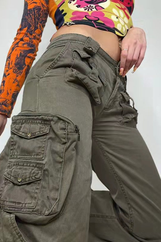 Street Style Low-Waisted Multi-Pocket Denim Cargo Pant
