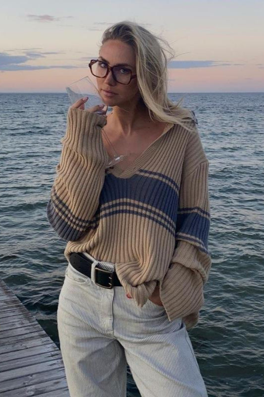 Striped Colorblock Long Sleeve Knit Sweater