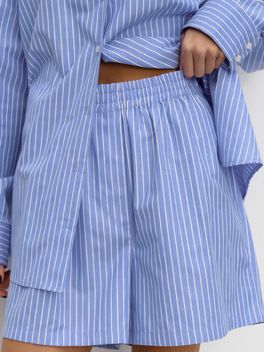 Chic Striped Cotton Casual Set Blouse