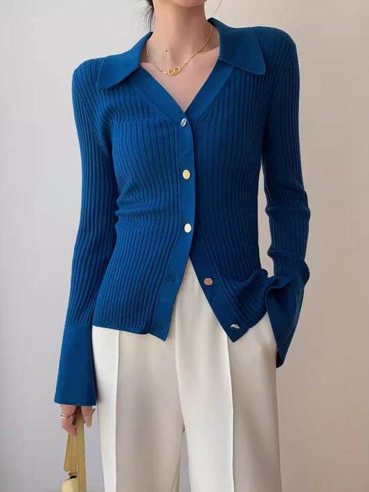 Blue V-Neck Knit Cardigan