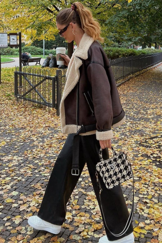 Multi Zip Faux Shearling Longline Jacket Brown / XS