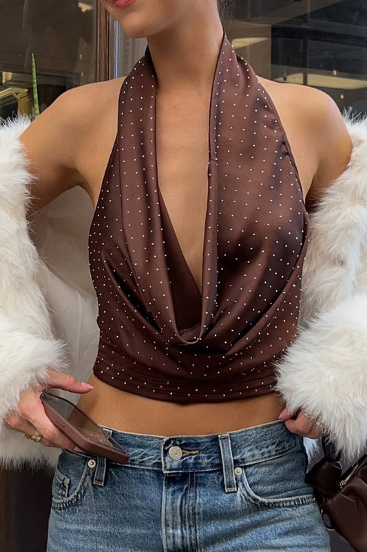 Polka Dot Color Block Backless Halter Crop Top