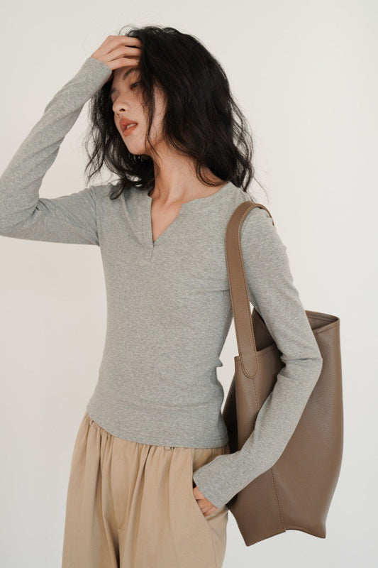 Heather Grey Fitted V-Neck Long-Sleeve Knit Top