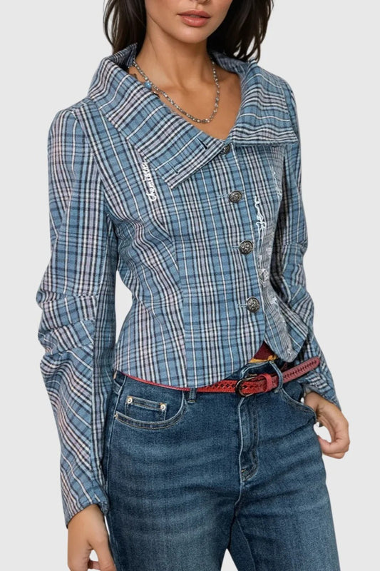 Vintage Stand Collar Plaid Button Blouse