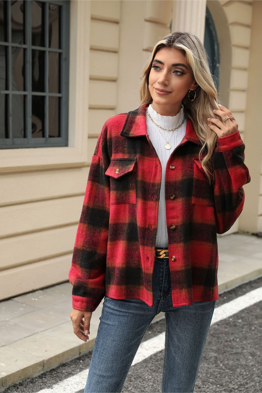 Loose Plaid Lapel Faux Wool Long Sleeve Outerwear