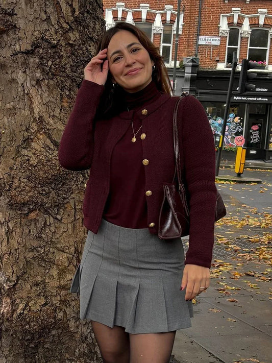 Vintage Burgundy Single-Breasted Cardigan Cardigan-241208