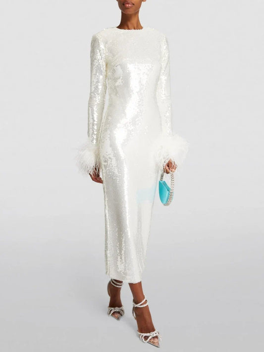 New Women O Neck Long Sleeve Luxury Sequin Feather Christmas Party Dress Dresses-L