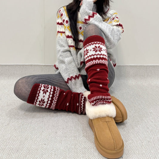 Snowflake Red Knit Warm Slouchy Leg Warmers