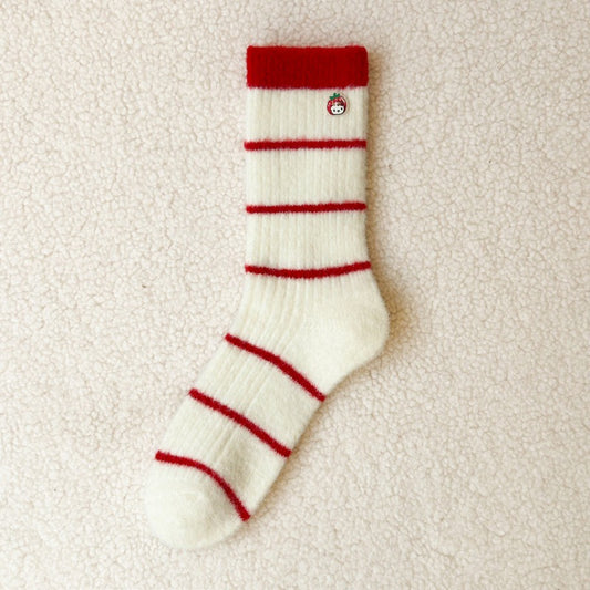 Embroidered Red Mid Calf Coral Fleece Cozy Socks