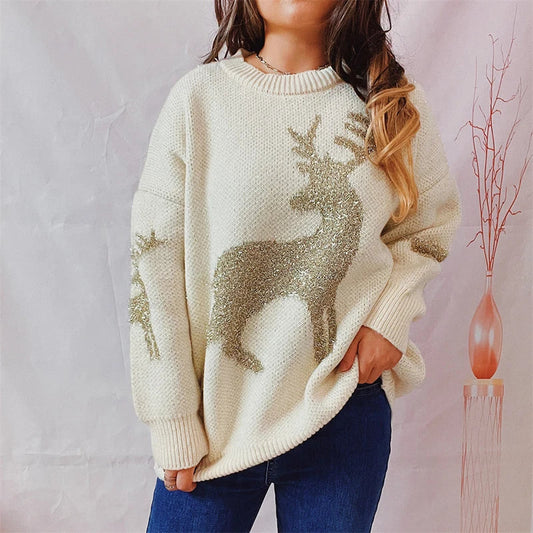 Warm Chic O-Neck Long Sleeve Knitted Christmas Sweater Beige / S Sweaters-L