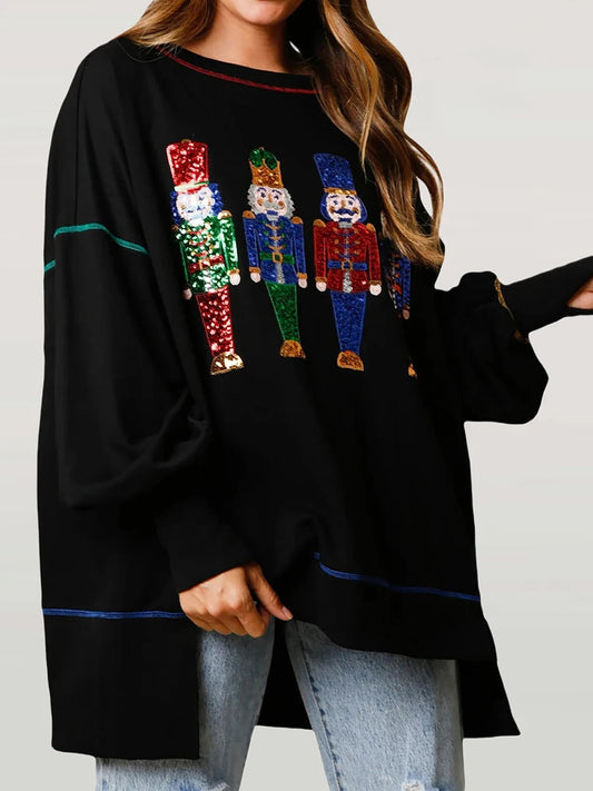 Y2K Nutcracker Sequin Long Sleeve Crewneck Christmas Hoodie Hoodies-L