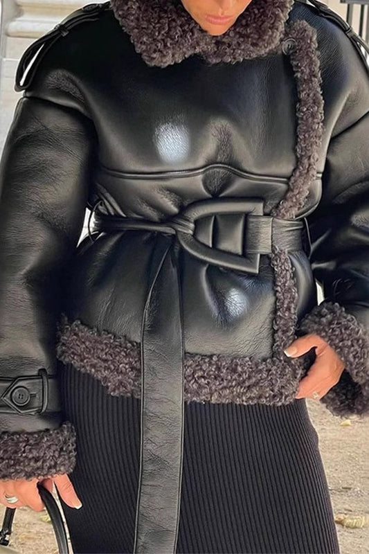 Edgy Solid Plush Leather Panel Belt Coat