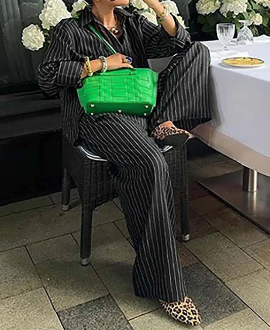 Black Print Straight Trousers Office Two Piece Set