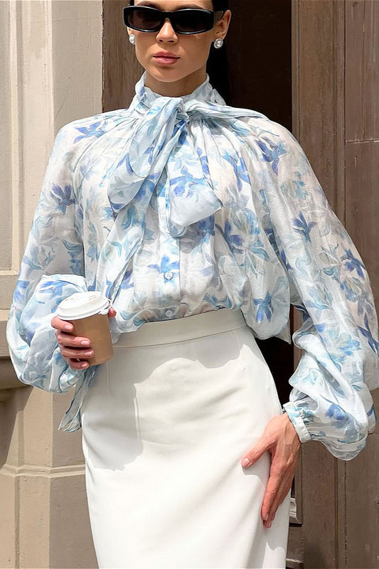 Elegant Tie Lantern Sleeve Floral Blouse