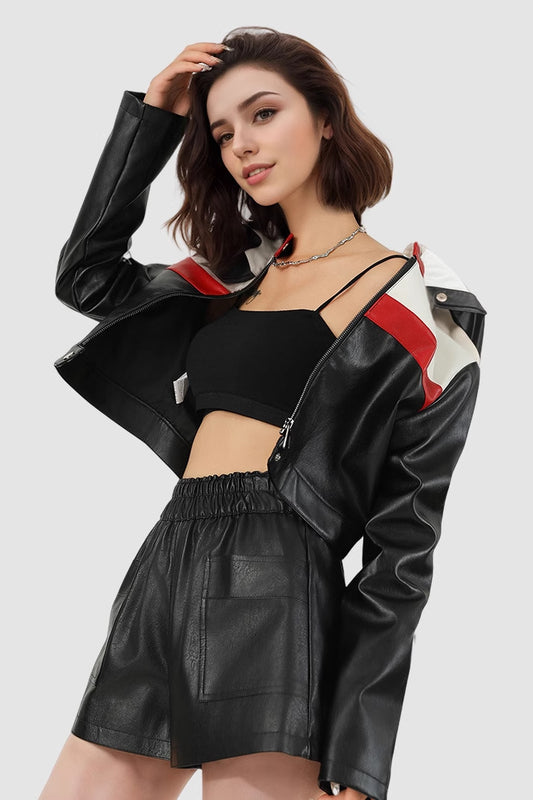 Cropped Bomber Style PU Coat