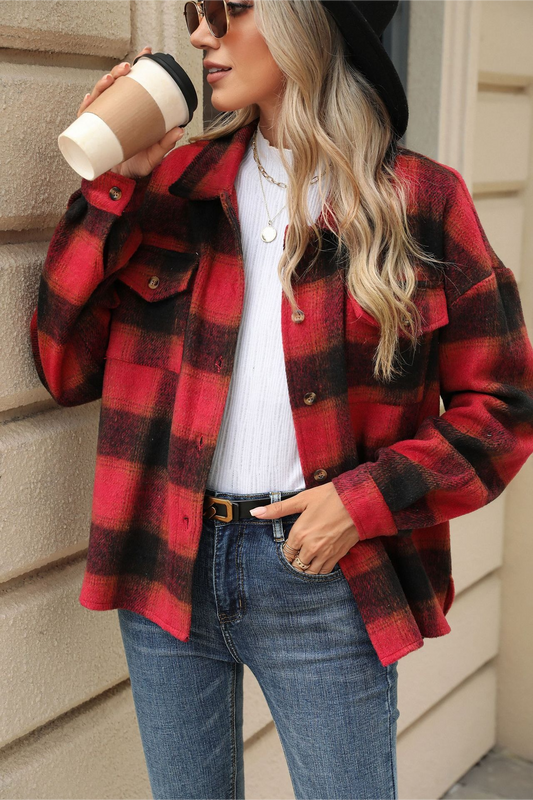 Loose Plaid Lapel Faux Wool Long Sleeve Outerwear