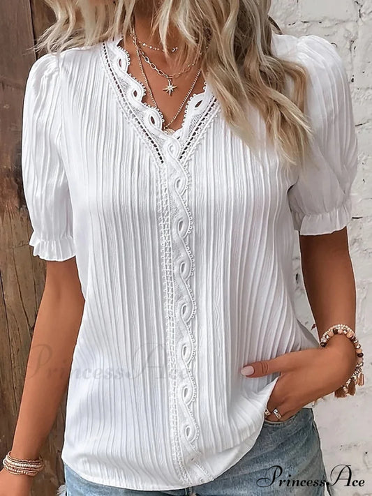 Arm Yellow-Green Lace Blouse White V-Neck Brief Women’s Violets Casual / S