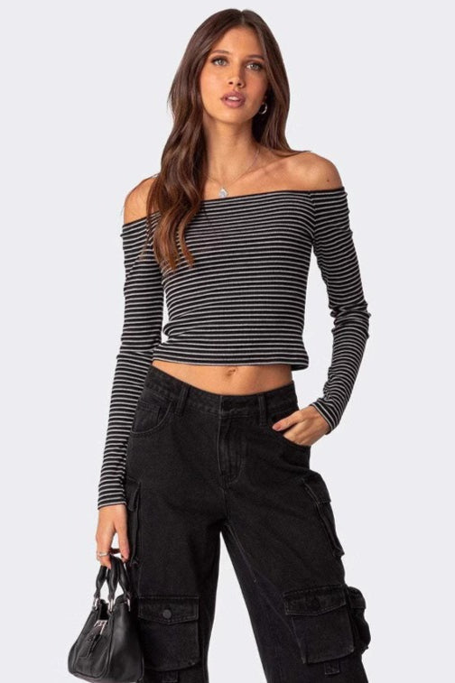 Slim Fit Striped Slit Neck Knit Top