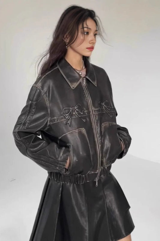 Bow Decor Faux Leather Moto Jacket