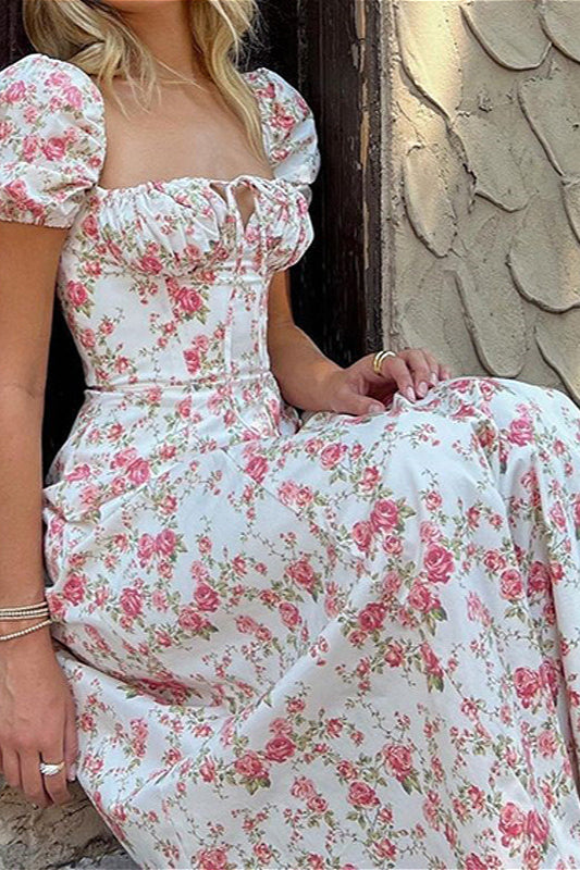 Puff Sleeve Vintage Elegant Floral Dress