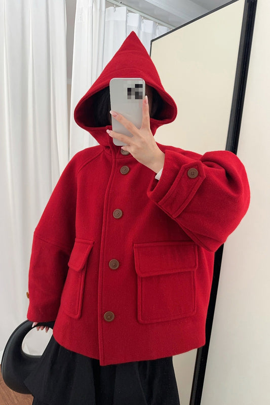 Solid Pointed Hood Button Chic Coat