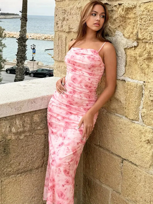 Backless Draped Floral Print Maxi Floral Dress Pink / S floraldress-250126