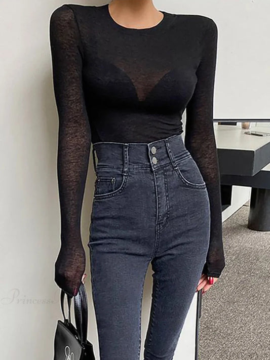 Basic Summer Breathable Long Sleeve Thin Knit Top Black / One Size knittop-250126