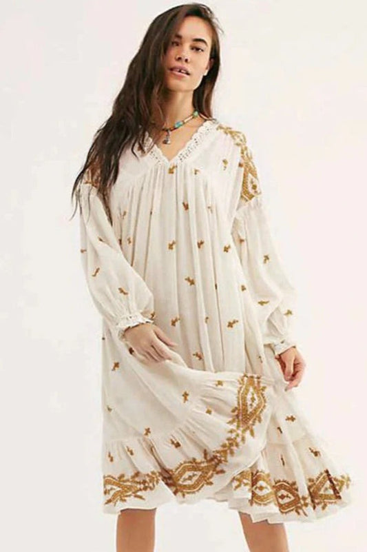 Floral Long Sleeve Midi Boho Dress